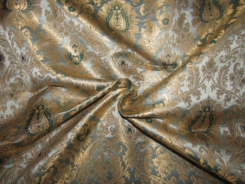Silk Brocade fabric silver grey / green x metallic gold color 44" wide BRO744B[3]