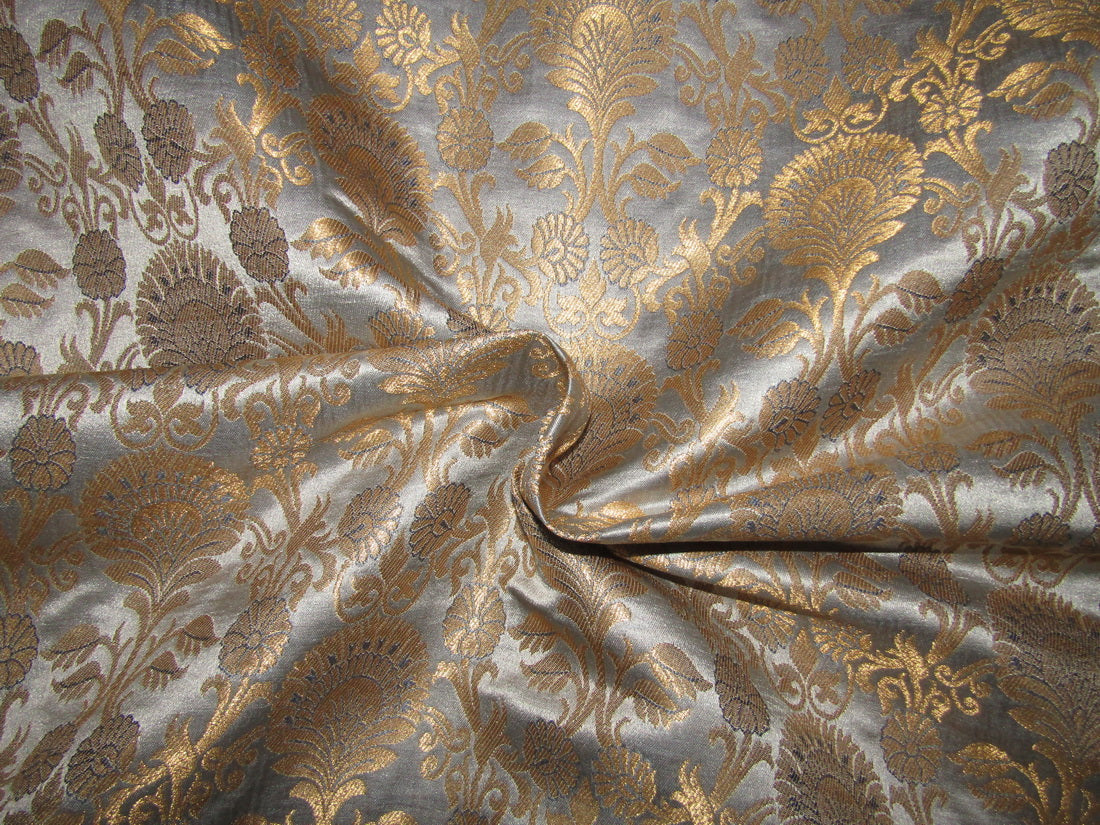 Silk Brocade fabric silver grey x metallic gold color 44" wide BRO745A[2]