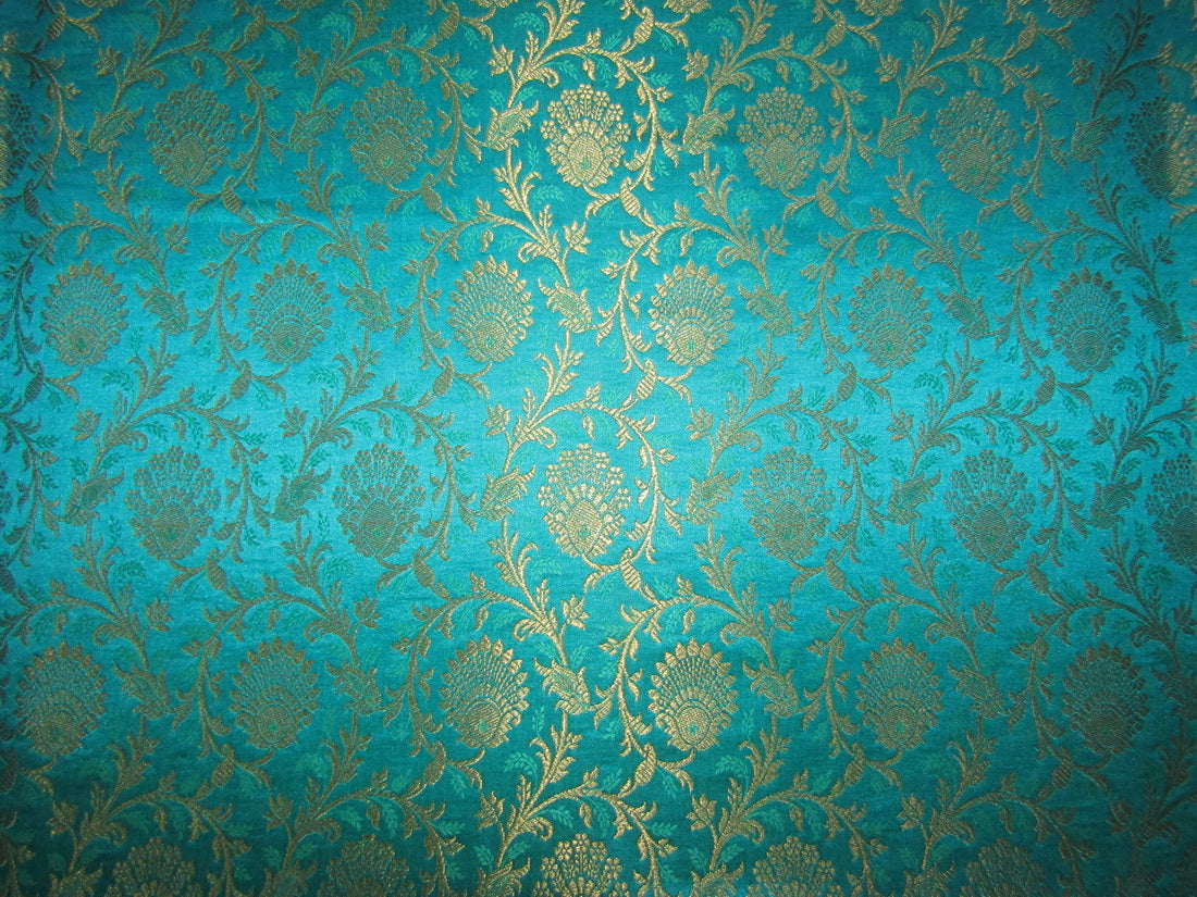 Silk Brocade fabric king fisher green x metallic gold color 44" wide BRO755[3]