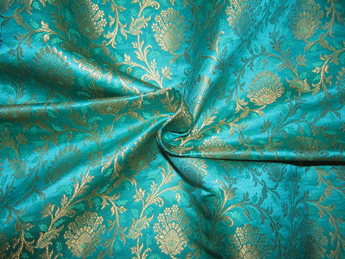 Silk Brocade fabric king fisher green x metallic gold color 44" wide BRO755[3]