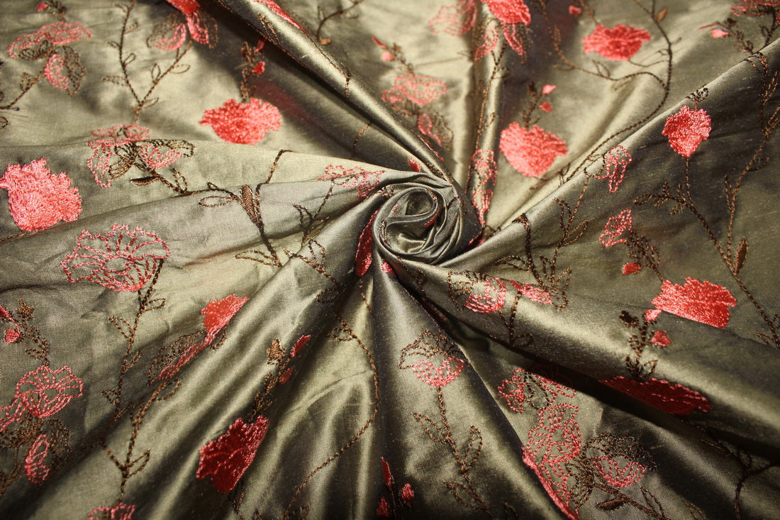 100% SILK DUPION KHAKI GREEN WITH CORAL FLORAL EMBROIDERY 54&quot;DUPE59[1]