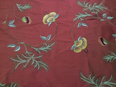 100% SILK DUPION Maroon with FLORAL EMBROIDERY 54&quot; wide  DUPE4