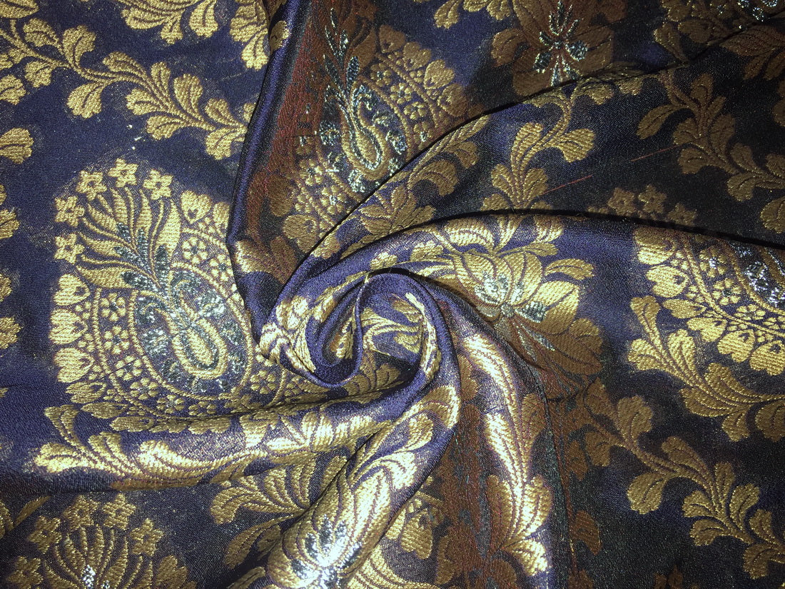 Silk Brocade Fabric black navy ,Metallic Silver & Metallic Gold Color 44" wide BRO295[6]