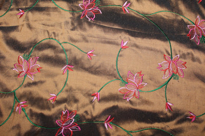 100% SILK DUPION irredescent copper x green with pink, red FLORAL EMBROIDERY 54&quot;DUPE59[2]
