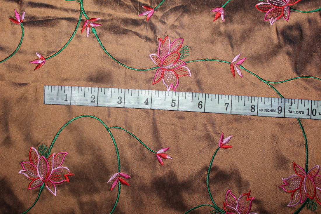 100% SILK DUPION irredescent copper x green with pink, red FLORAL EMBROIDERY 54&quot;DUPE59[2]
