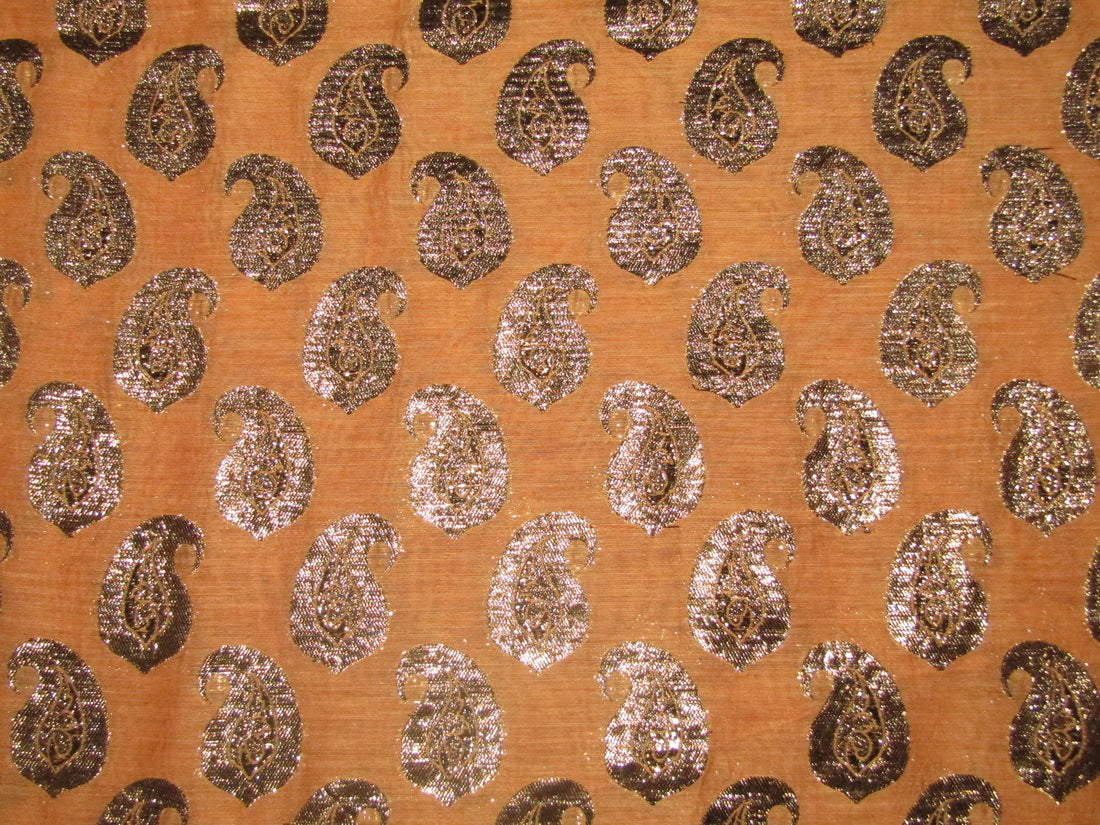 SHEER Brocade 3.2 mtr single length fabric peach x metallic antique gold paisleys 44"w ide BROS34[1]