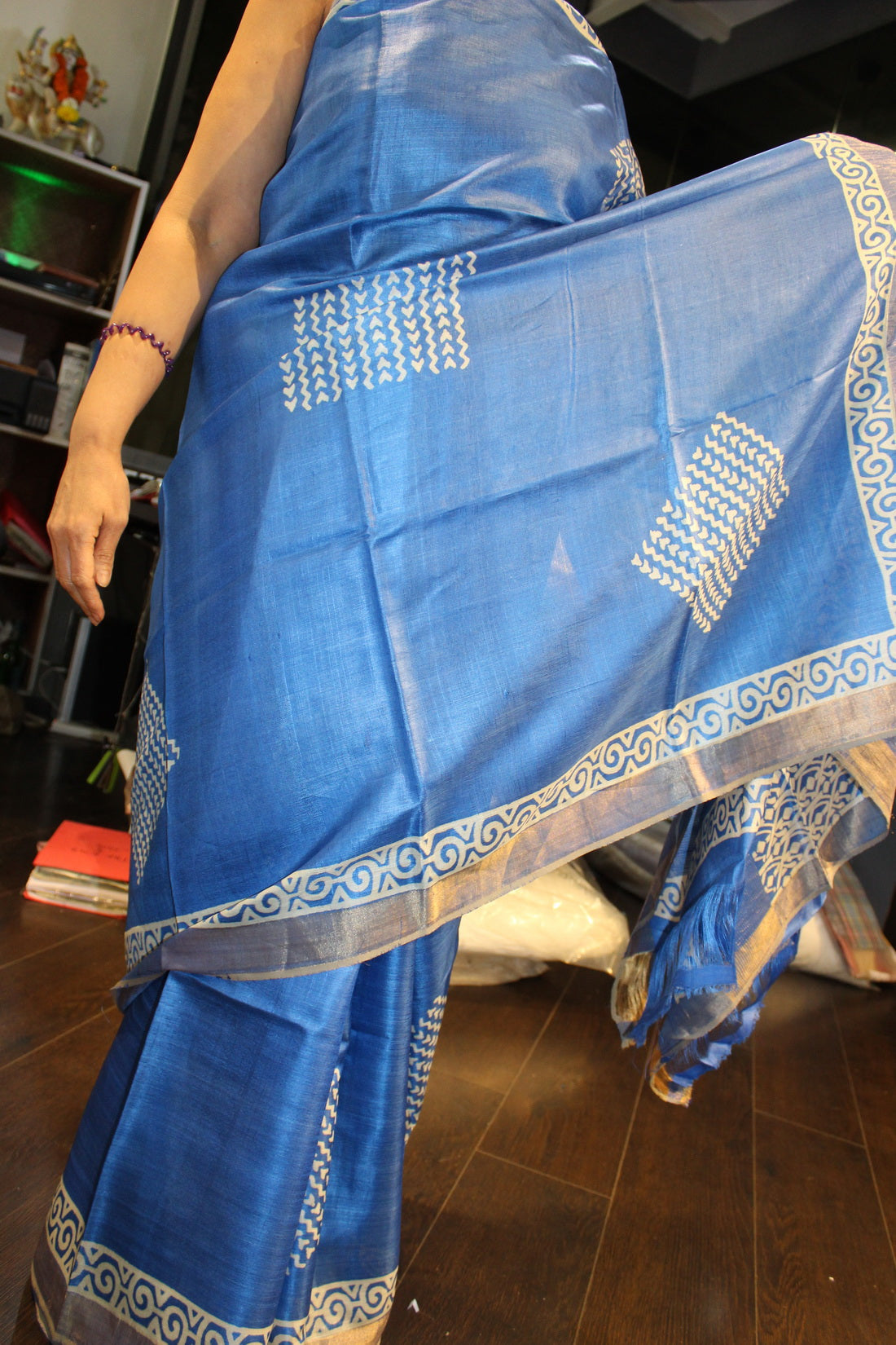 100% Silk Tussar Blue Indian sari with jacquard border