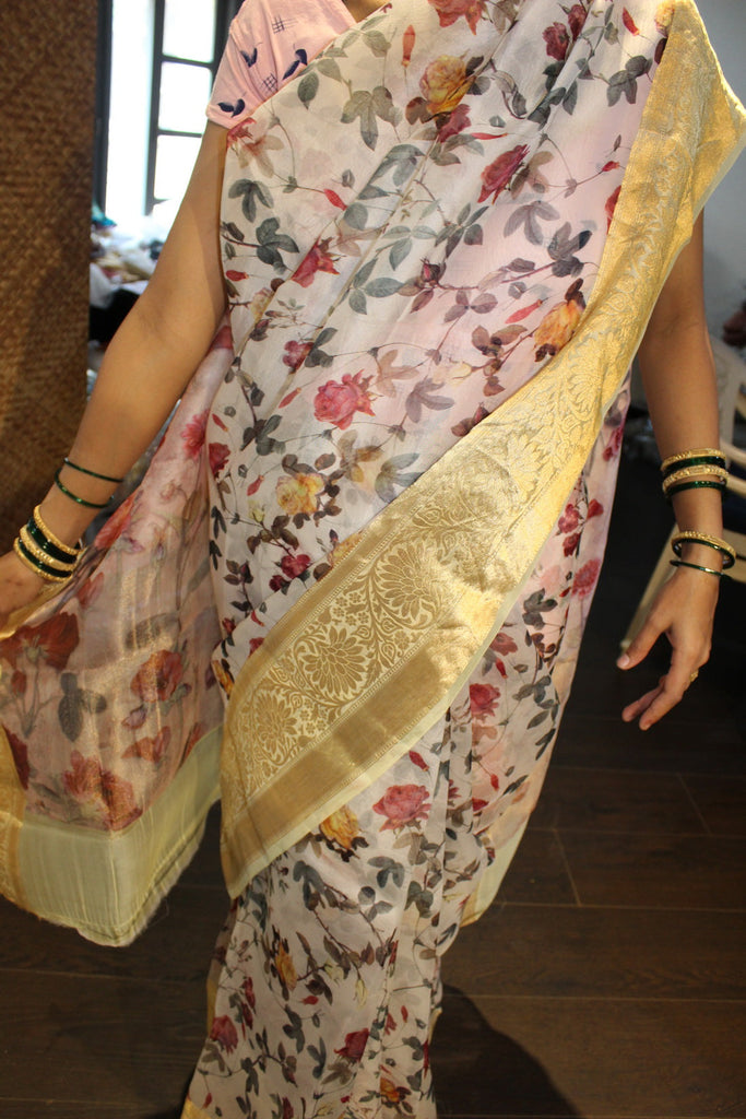 100% Silk Organza Indian sari with jacquard border