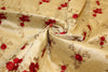 POLYESTER DUPIONI FABRIC GOLD with embroidered red flowers and metallic gold leaves 44&quot; wide