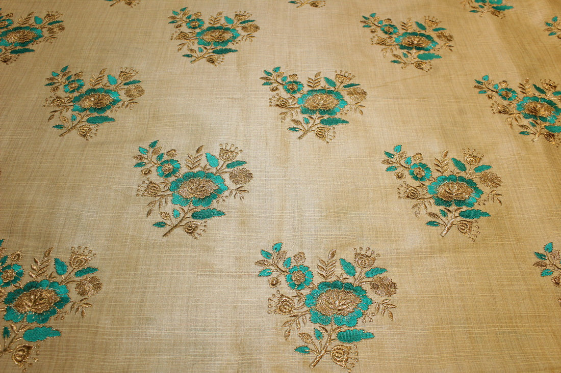 3.60 yards POLYESTER DUPIONI FABRIC 44&quot; GOLD with embroidered green flowers and metallic gold leaves