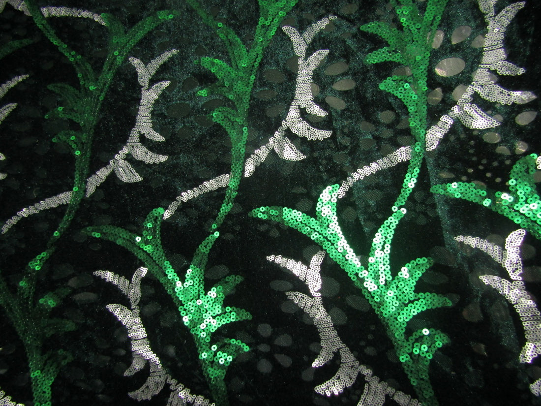 SEQUENCE with Net and Velvet, green and silver cut work embroidery  58&quot; Wide [10527]