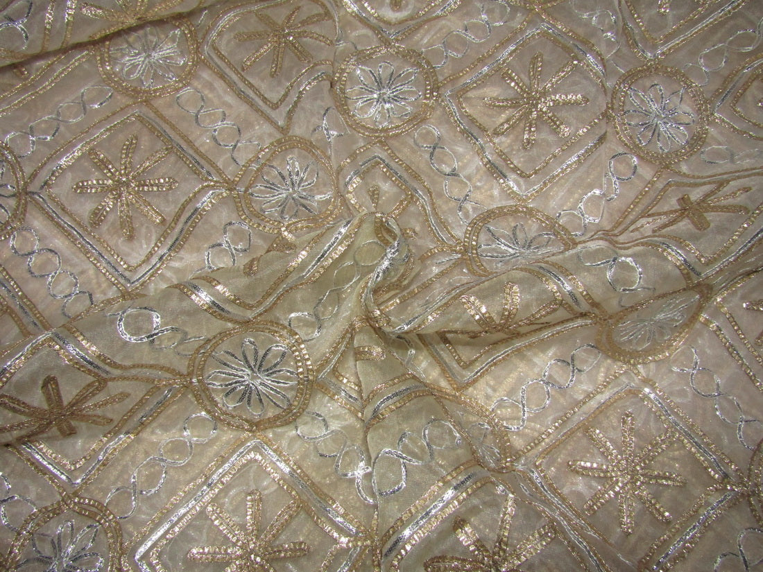 organza fabric 44&quot; nude color with gold and silver embroidery