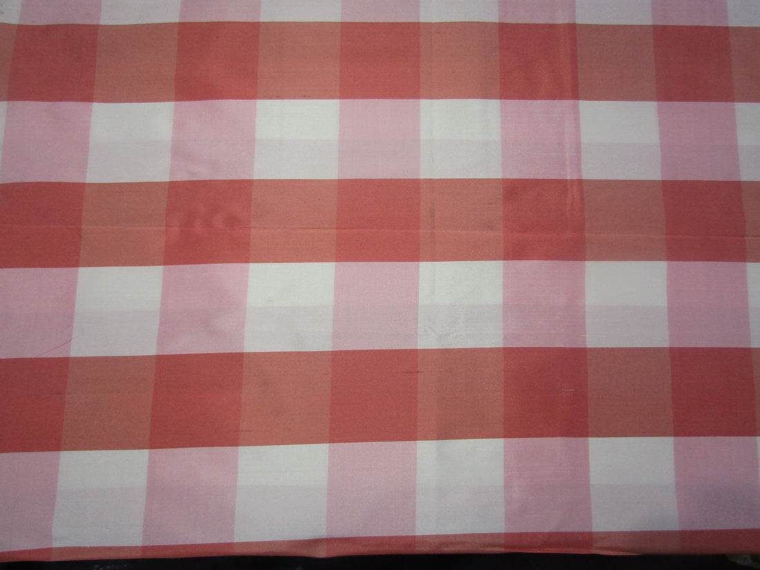 100% Pure Silk Dupion pink white salmon color Plaids Fabric 54" wide DUP#C121[4]