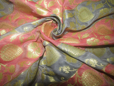 Silk Brocade fabric blueish grey ,pink and metallic gold 44&quot; BY THE YARD