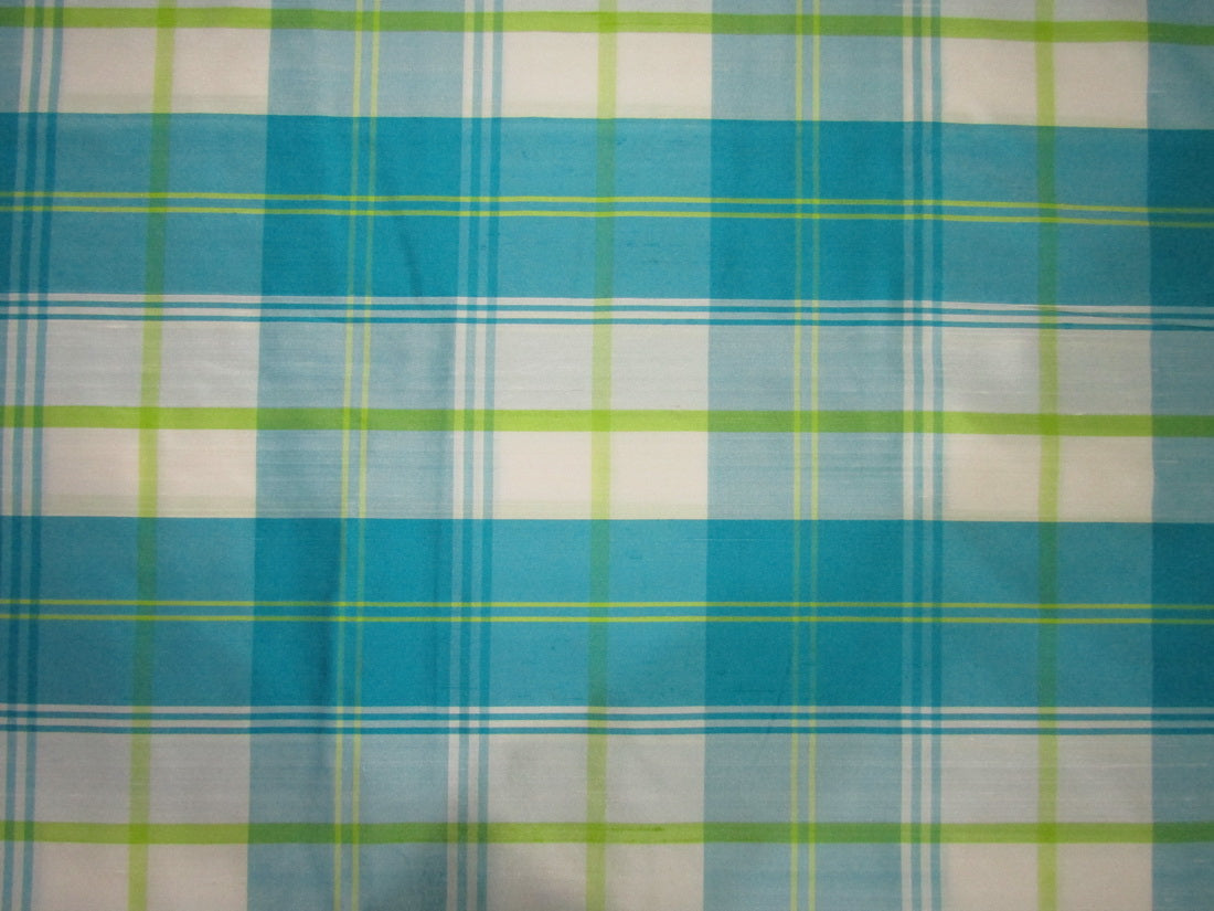 100% SILK Dupioni Fabric blue/ivory/lime green plaids 60" wide DUPC104[1]