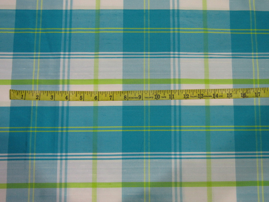 100% SILK Dupioni Fabric blue/ivory/lime green plaids 60" wide DUPC104[1]