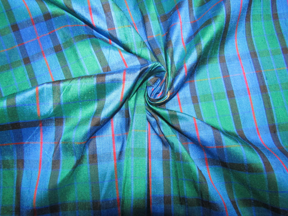 100% silk dupion blue green and red Plaids fabric 54&quot; wide