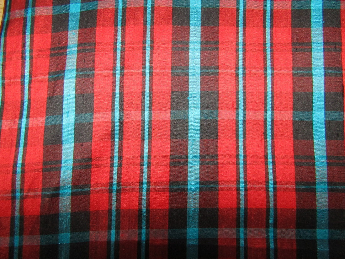 100% silk dupion fabric red black and blue PLAIDS 54&quot; wide