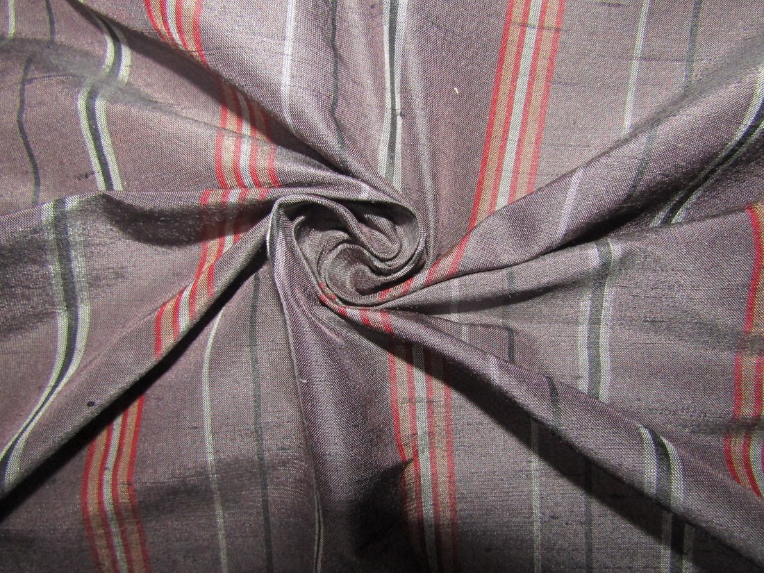 100% silk dupion fabric dark with grey multi color stripes 54&quot; wide