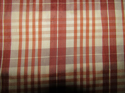 100% silk dupion salmon and ivory color Plaids fabric 54&quot; wide