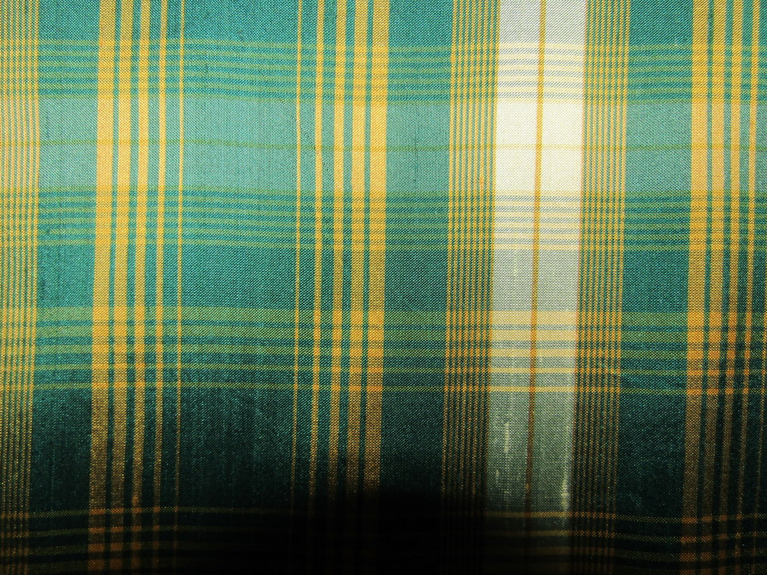 100% silk dupion fabric green and gold color plaids 54&quot; wide