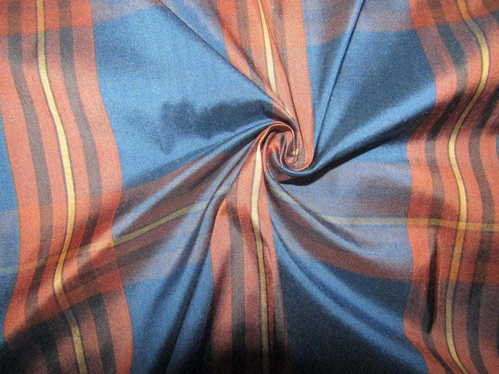 100% silk dupion brown blue black Plaids fabric 54&quot; wide