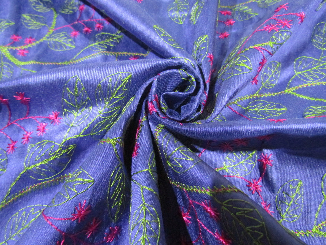 100% SILK DUPION Blue WITH pink and green FLORAL EMBROIDERY 54&quot;DUPE60[1]