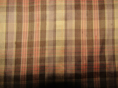 100% silk dupion brown red plaids fabric 54&quot; wide