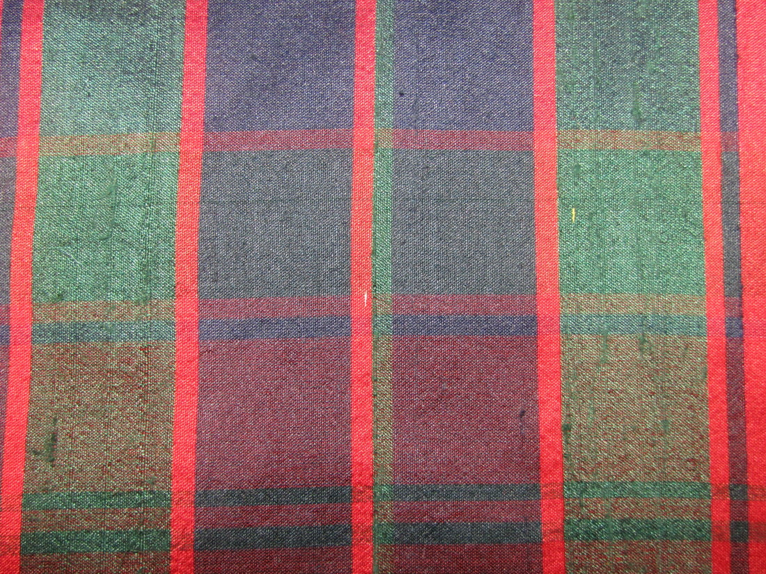 100% silk dupion red green and navy Plaids fabric 54&quot; wide