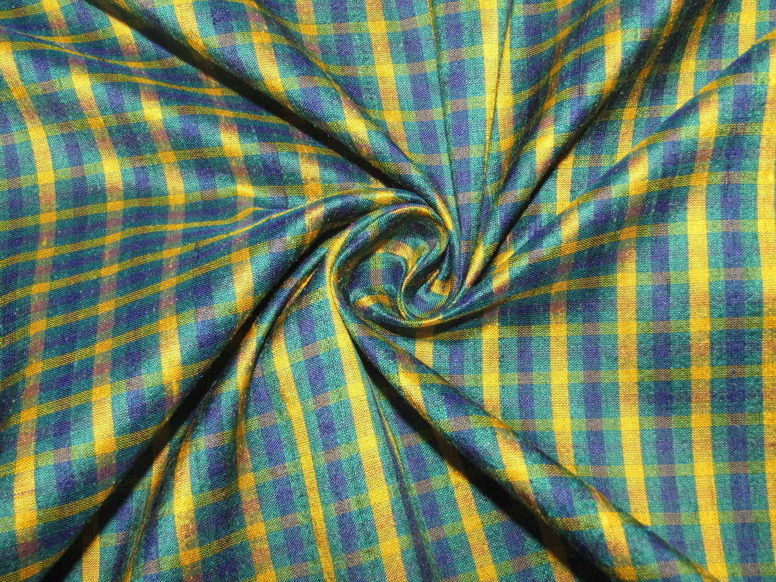 100% silk dupion yellow blue and green Plaids fabric 54&quot; wide