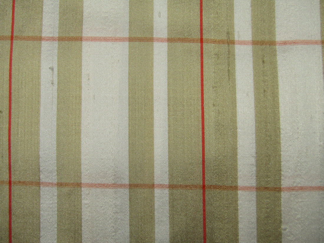 100% silk dupion ivory ,golden olive and orange plaids fabric 54&quot; wide
