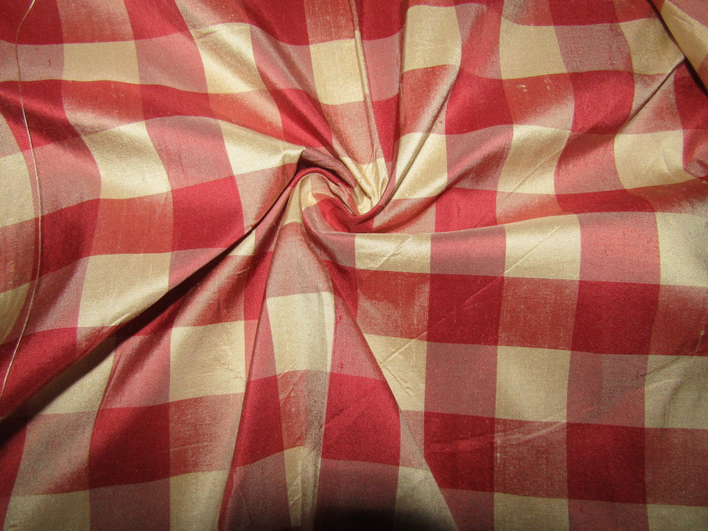 100% silk dupion red and cream Plaids fabric 54&quot; wide