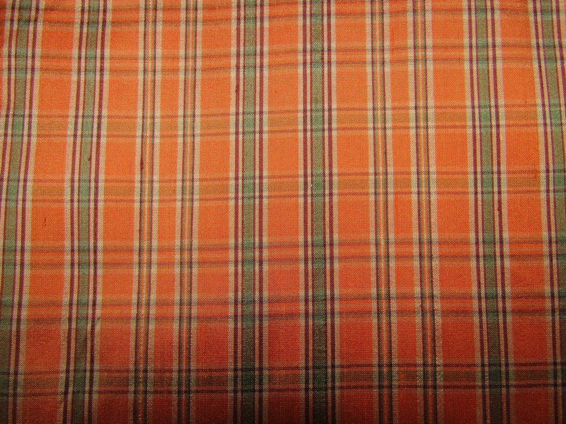 100% silk dupion fabric orange and green Plaids 54&quot; wide