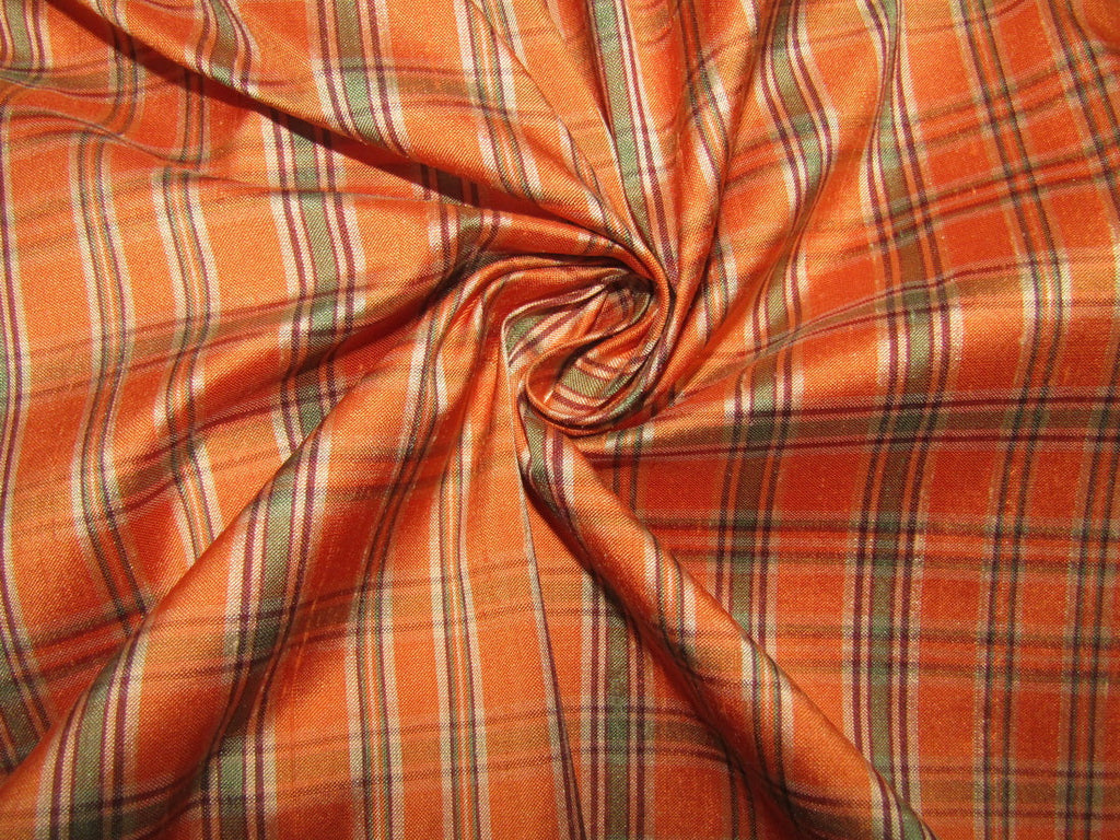 100% silk dupion fabric orange and green Plaids 54&quot; wide