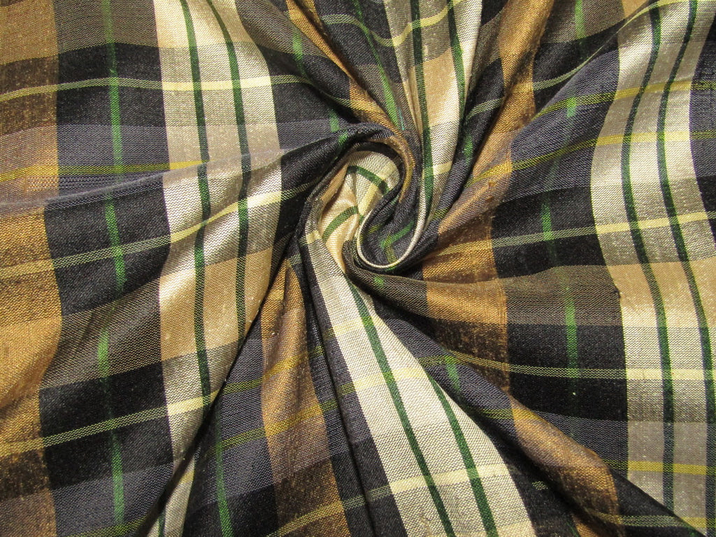 100% silk dupion brown black and beige Plaids fabric 54&quot; wide