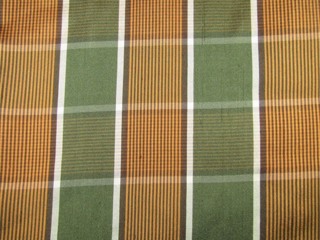 100% silk dupion green and orange Plaids fabric 54&quot; wide