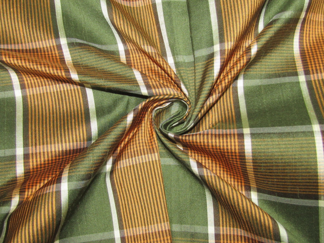 100% silk dupion fabric PLAIDS green and orange 54&quot; wide