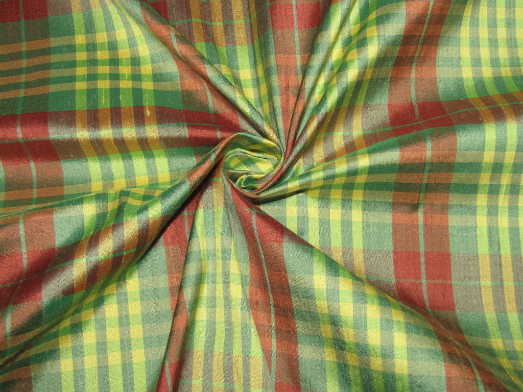 100% silk dupion green yellow and orange Plaids Fabric 54&quot; wide