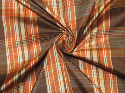 100% silk dupion brown and orange Plaids fabric 54&quot; wide