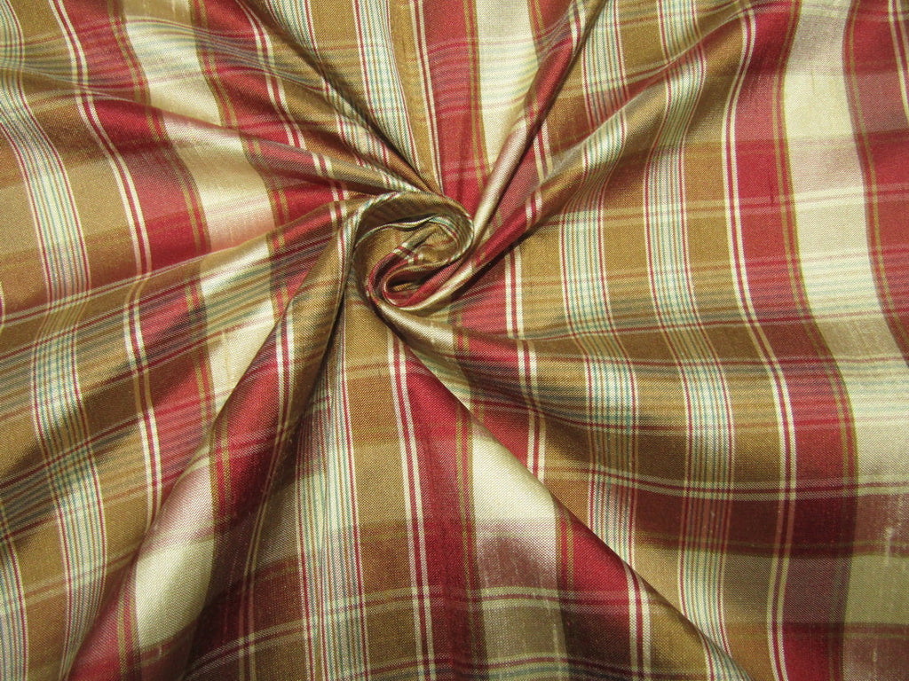 100% silk dupion cream brown maroon Plaids fabric 54&quot; wide