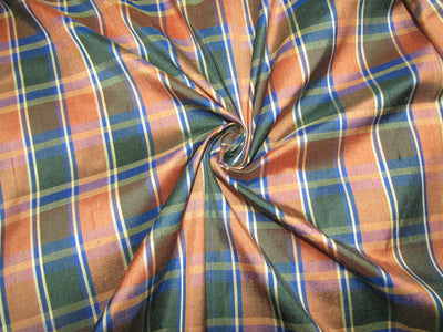100% silk dupion brown green and blue Plaids fabric 54&quot; wide