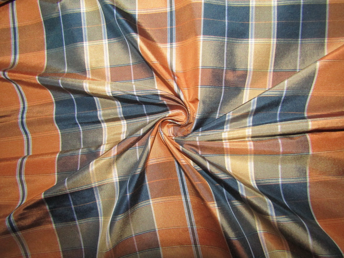 100% silk taffeta fabric brown navy PLAIDS 54&quot; wide