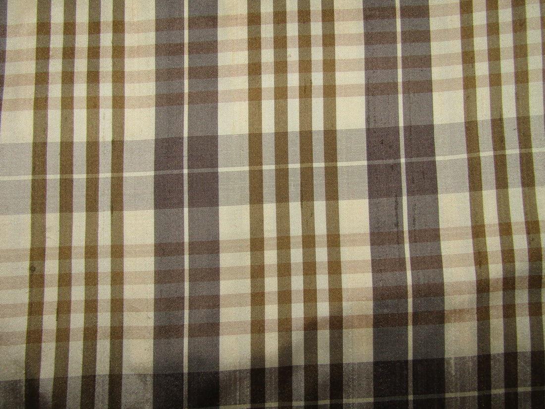 100% silk dupion grey and beige Plaids fabric 54&quot; wide