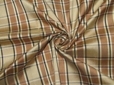 100% silk dupion beige and brown Plaids fabric 54&quot; wide