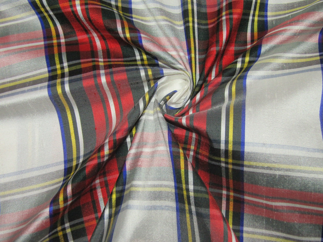 100% silk dupion white red black Scottish tartan Plaids fabric 54&quot; wide
