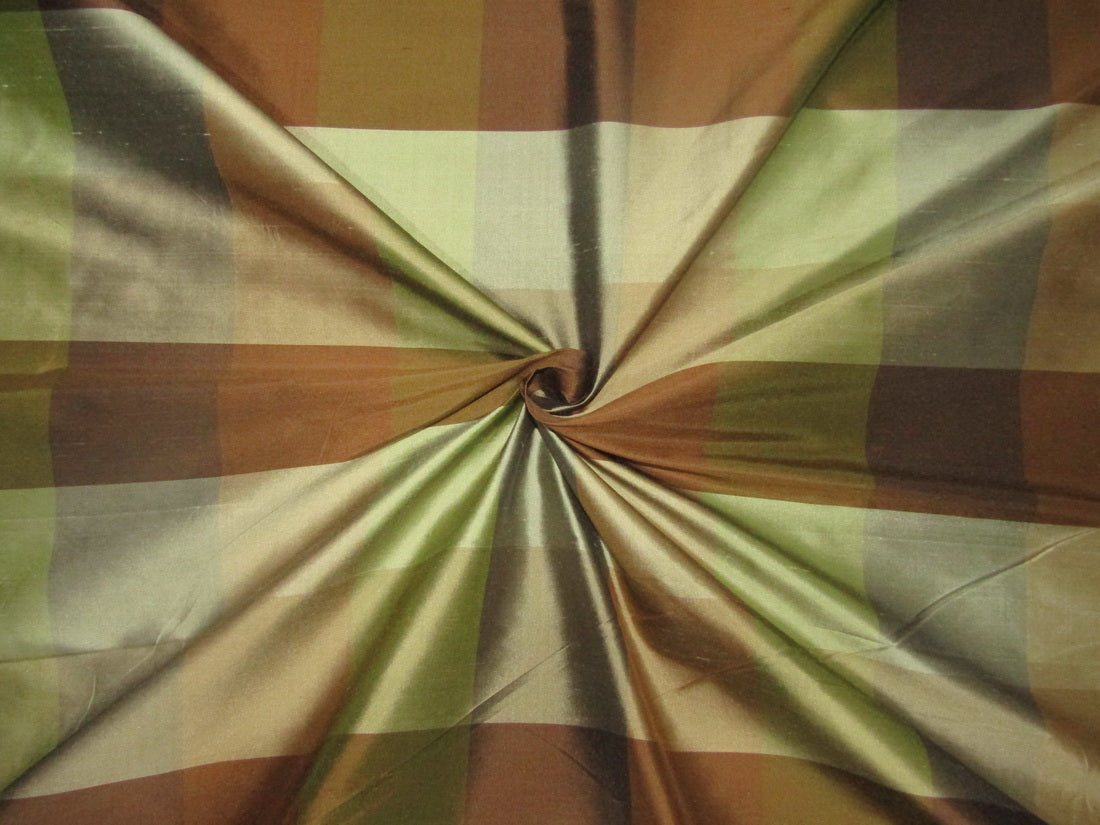 100% PURE SILK DUPIONI FABRIC PLAIDS Shades of Browns and Greens 54&quot; wide DUPC111[2]