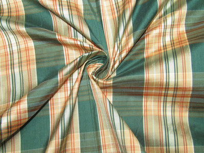 100% silk dupion green and peach Plaids fabric 54&quot; wide