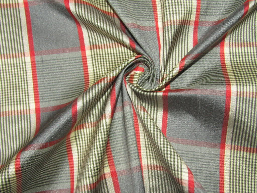 100% silk dupion red and grey Plaids fabric 54&quot; wide