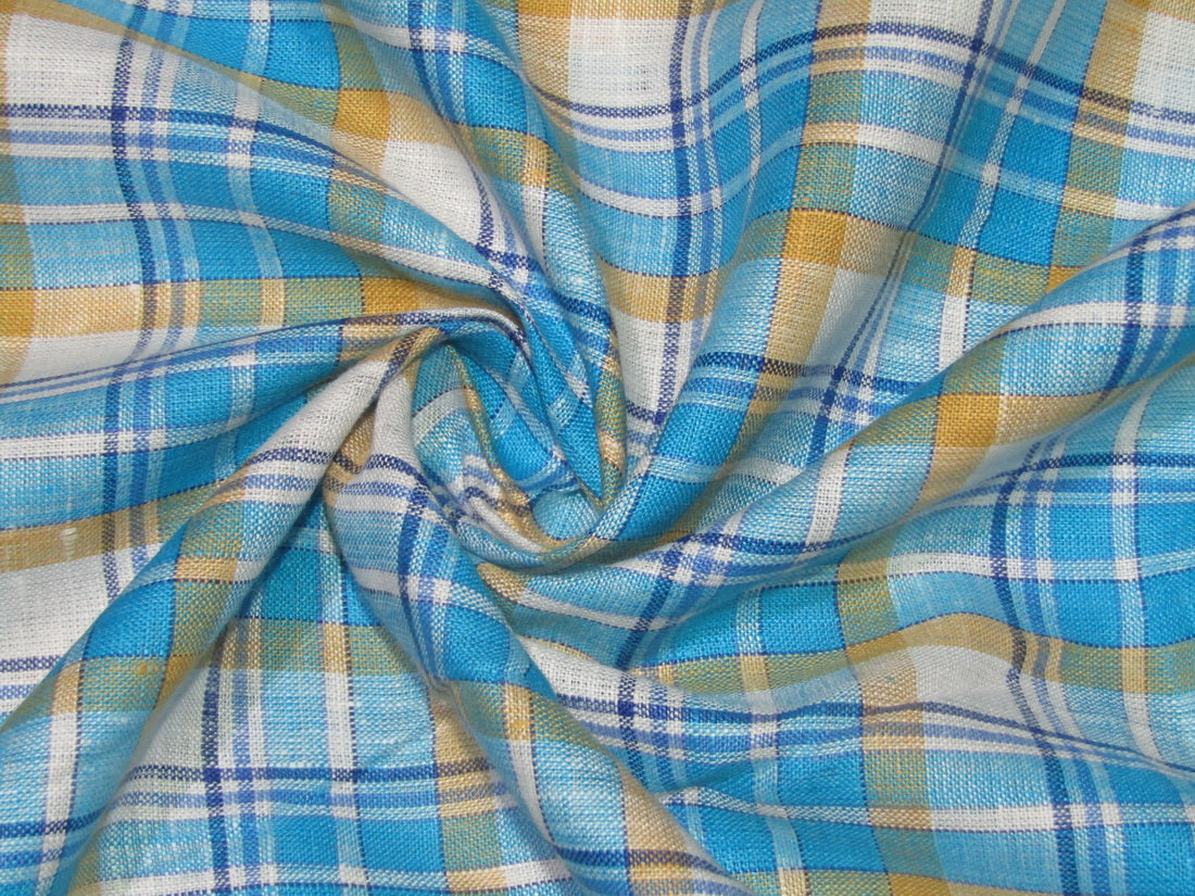 100% Linen Blue & Beige plaids 60's Lea Fabric ~ 58&quot; wide [10803]