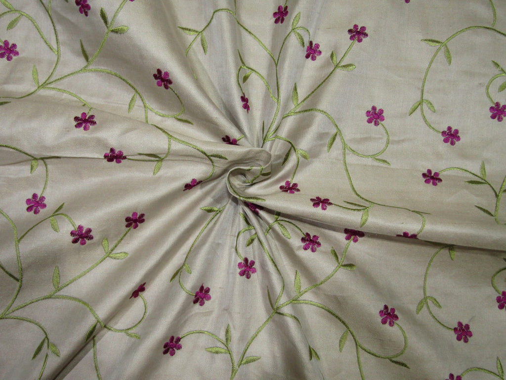 100% SILK SATIN DUPION beige with green and aubergine FLORAL EMBROIDERY 54&quot;DUPE61[2]